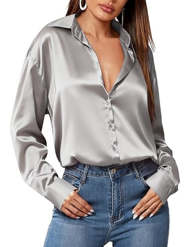 HOTOUCH Satin Blouses for Women Dressy Loose Silk Button Down Shirts Long Sleeve Silky Blouse Top Grey L | Amazon (US)
