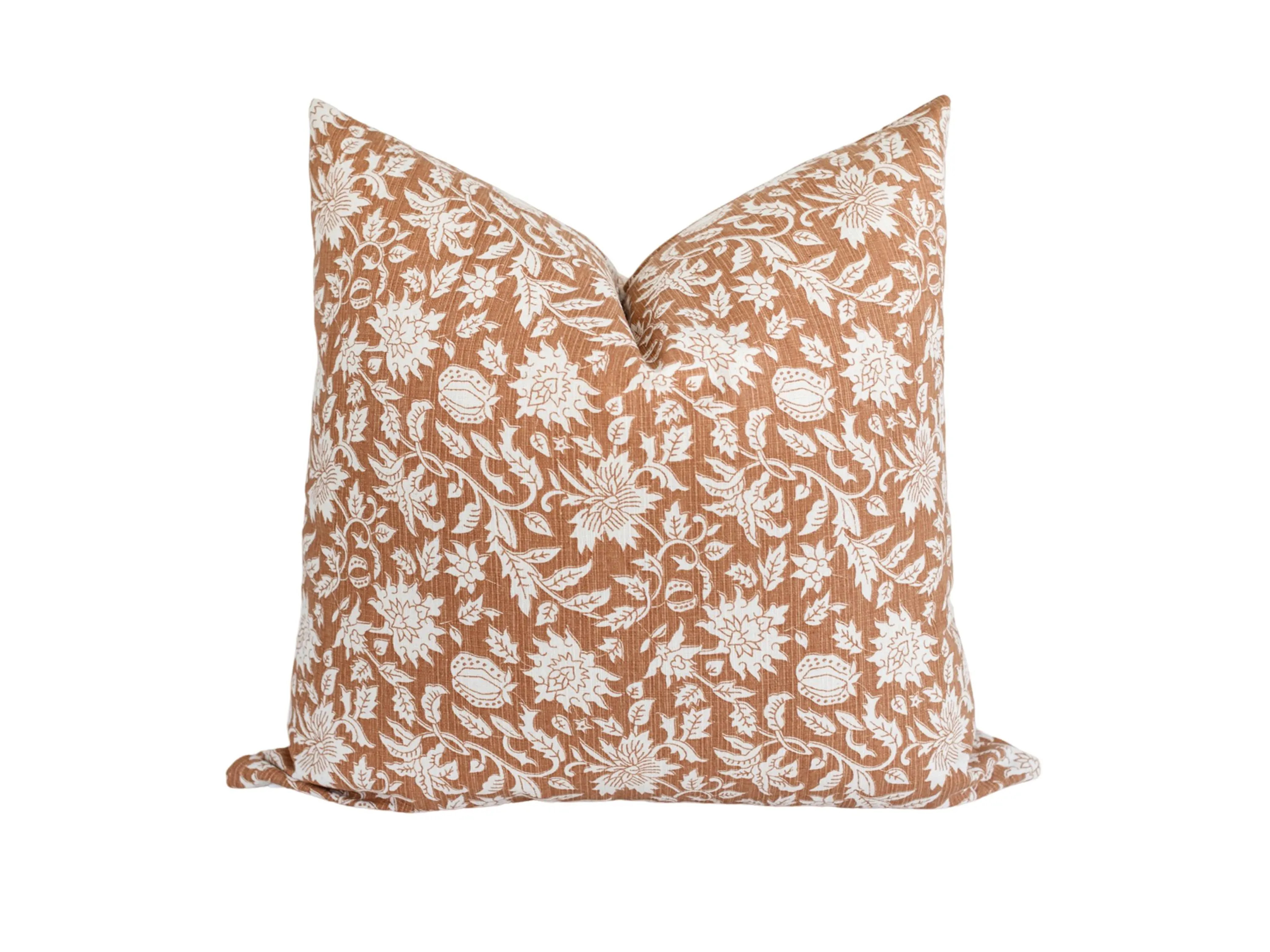 Orange Floral Pillow Cover: Block Print Farmhouse Throw Pillow | Etsy (Global)