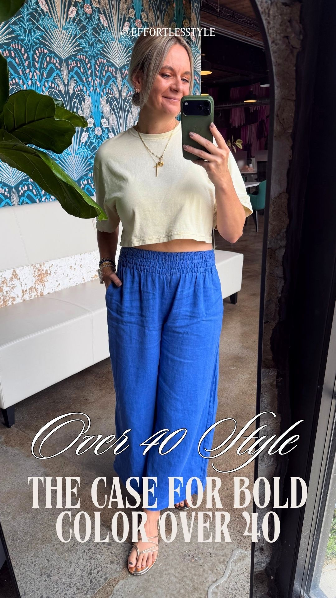 OOTD ✨ Yellow cropped tee + cobalt blue linen pants + gold strappy flat sandals + gold jewelry stack. All from my own closet — linked the closest versions I could find. Everything shoppable below! 👇

#LTKdayinmylife #LTKootd #LTKOver40