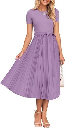 ZESICA Womens Spring Casual Short Sleeve Midi Dresses 2024 Summer Crew Neck Ribbed Knit Belted Pl... | Amazon (US)