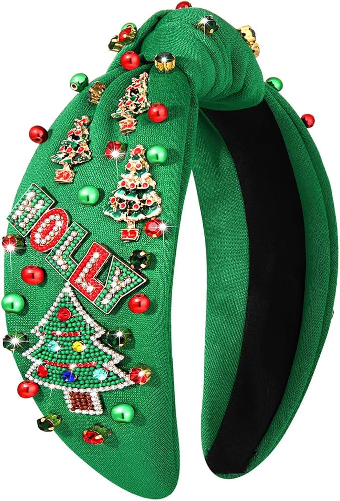 YAHPERN Christmas Headband for Women Christmas Tree Headband Crystal Pearl Top Knot Headband Holi... | Amazon (US)