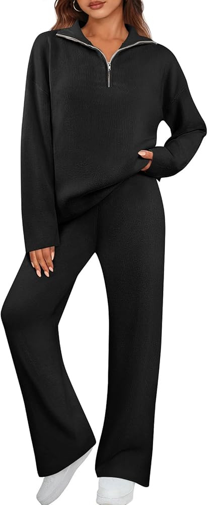 MEROKEETY Women's 2 Piece Sweater Sets Long Sleeve Quarter Zip Knit Top Wide Leg Pants Lounge Mat... | Amazon (US)