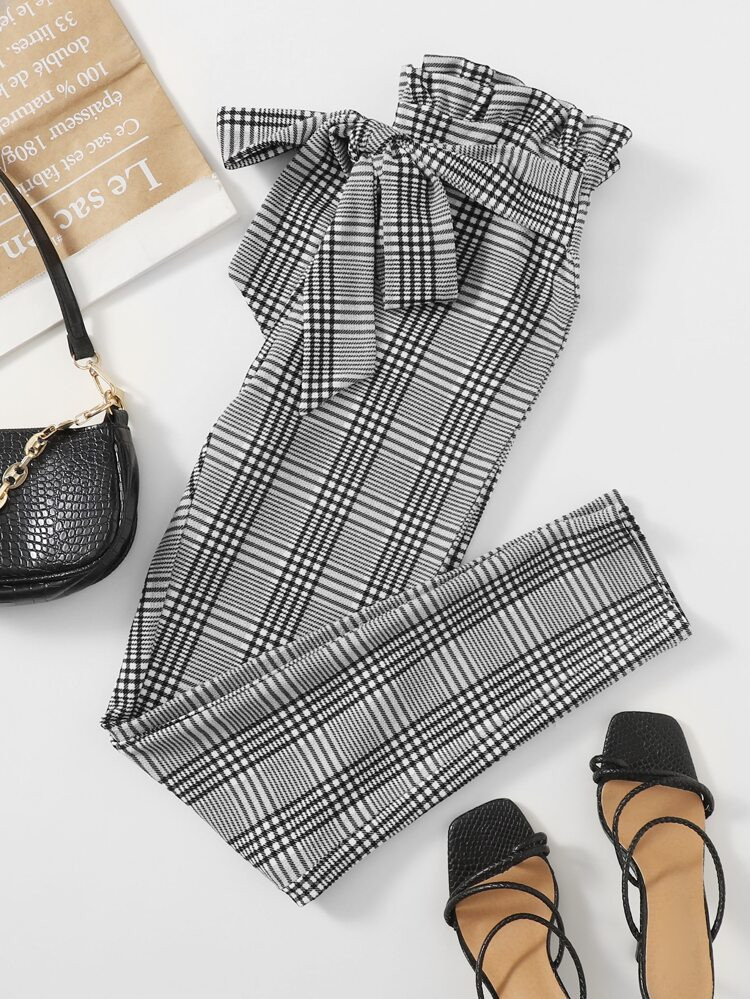 Paperbag Waist Belted Plaid Pants | SHEIN