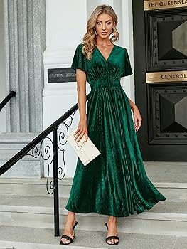 Simplee Women’s V Neck Velvet Maxi Dress Short Sleeve Empire Waist Long Formal Dress for Weddin... | Amazon (US)
