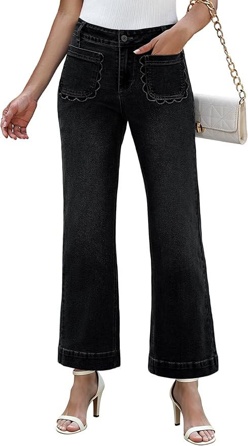 IWD Wide Leg Jeans for Women High Waisted Trendy Scallop Pocket Flare Jeans Stretchy Baggy Croppe... | Amazon (US)