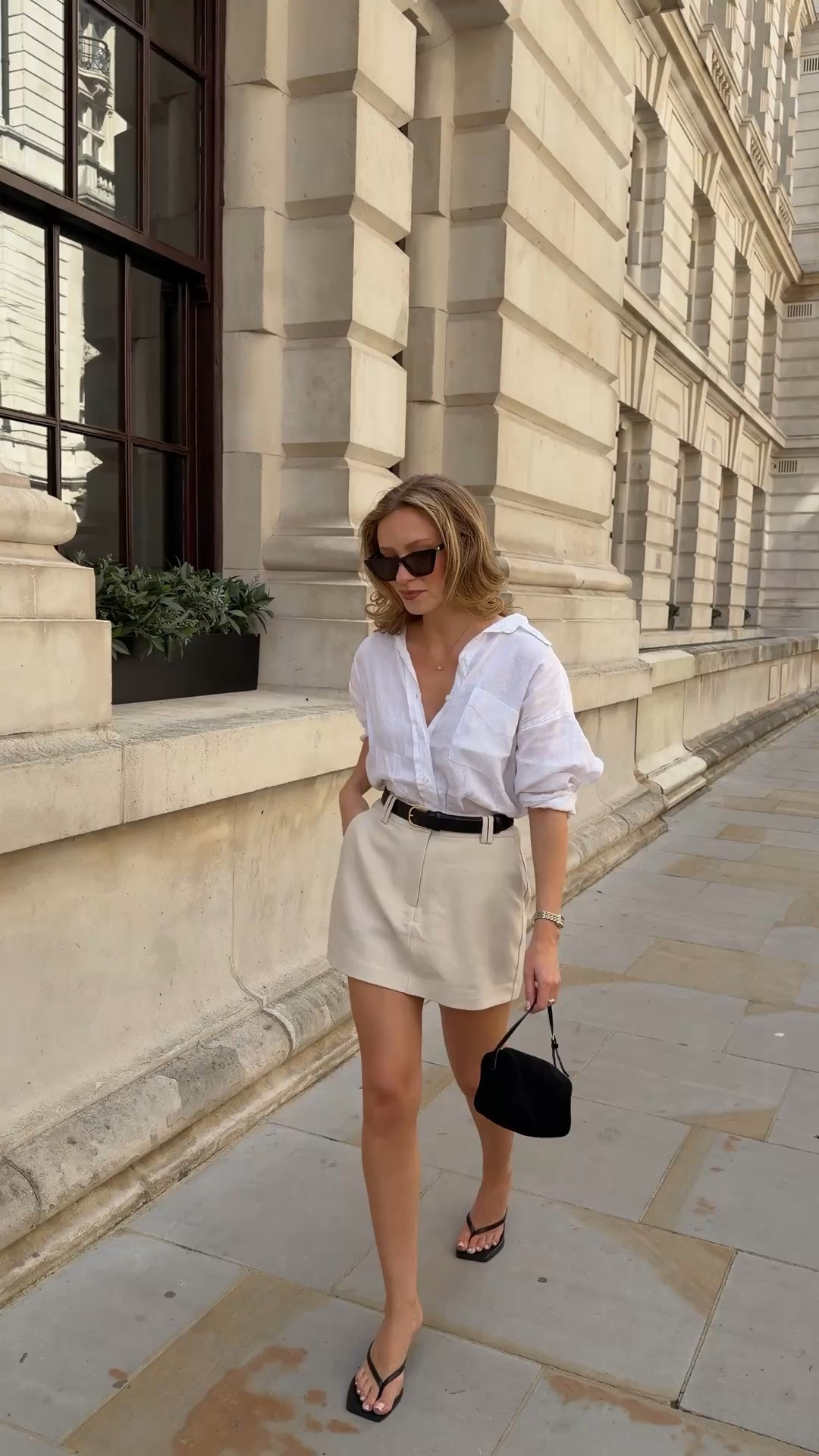 Summer outfits, mini skirt, skort, linen shirt, minimal outfits, London outfit, flip flop heels, Amazon suede bag, le specs sunglasses

#LTKuk #LTKsummer #LTKstyletip