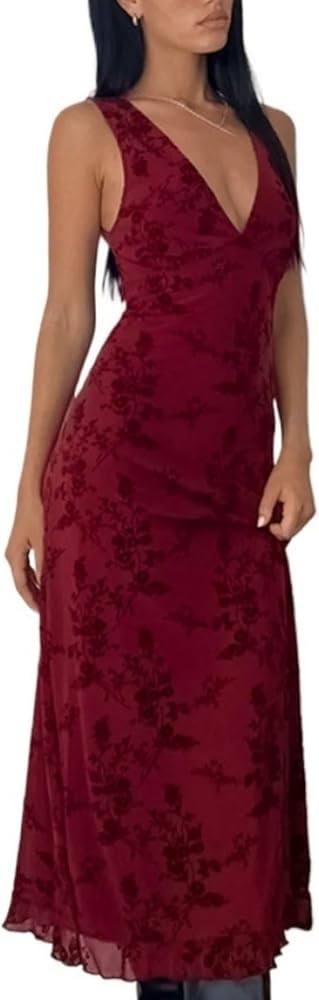 Women's Dresses Summer Printed Deep V Long Floral Contrast Color Sleeveless Waist Slim New Evenin... | Amazon (US)
