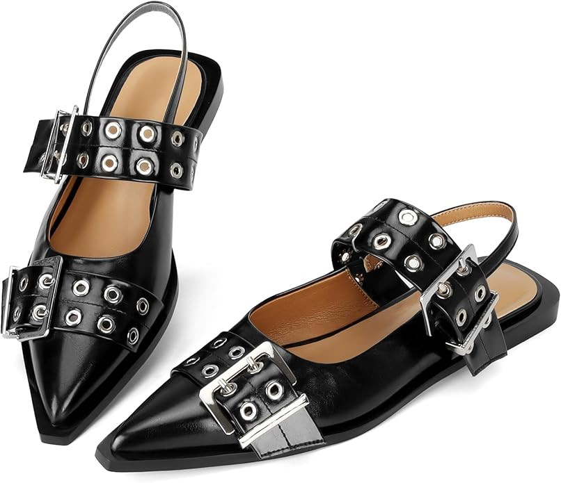 Buckle Ballet Flats for Women Slingback Flats Ballerinas Flats with Straps Pointe Toe Casual Dres... | Amazon (US)