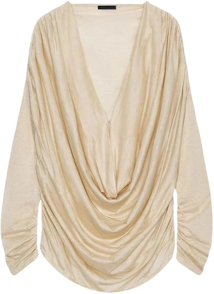 Women Pleated Blouse Deep Collar Long Sleeve Loose Fit Breathable Winter Simple | Amazon (US)
