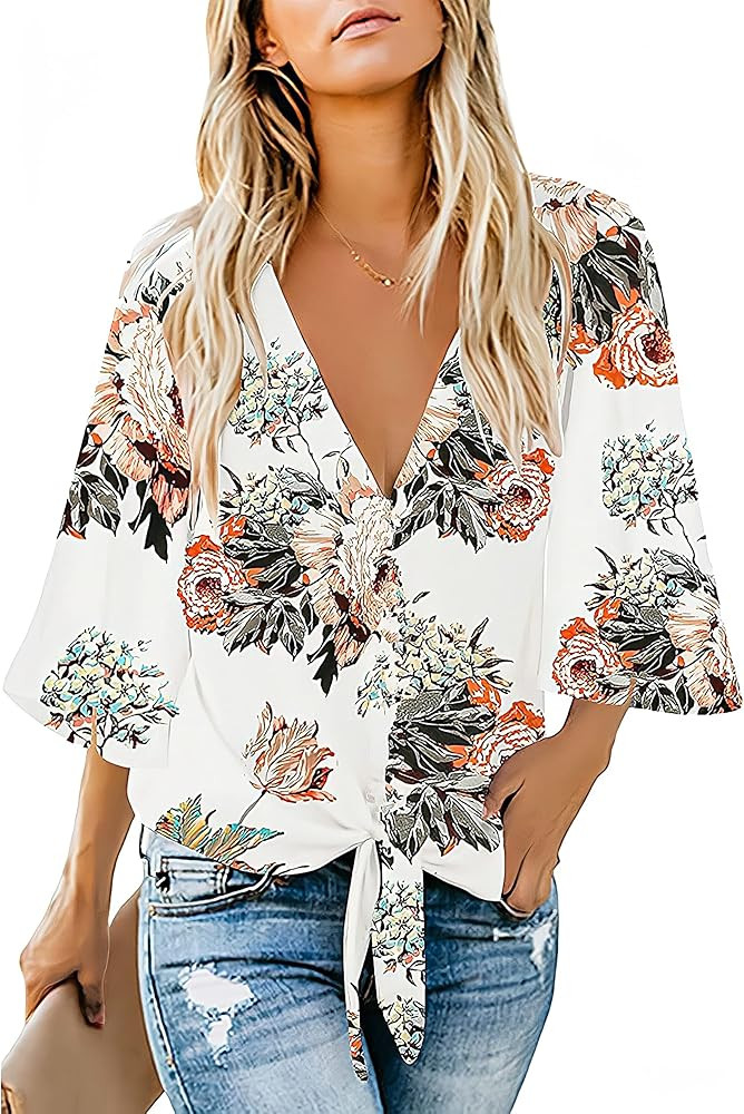 Women's Casual Floral Blouse Batwing Sleeve Loose Fitting Shirts Boho Knot Front Tops | Amazon (US)