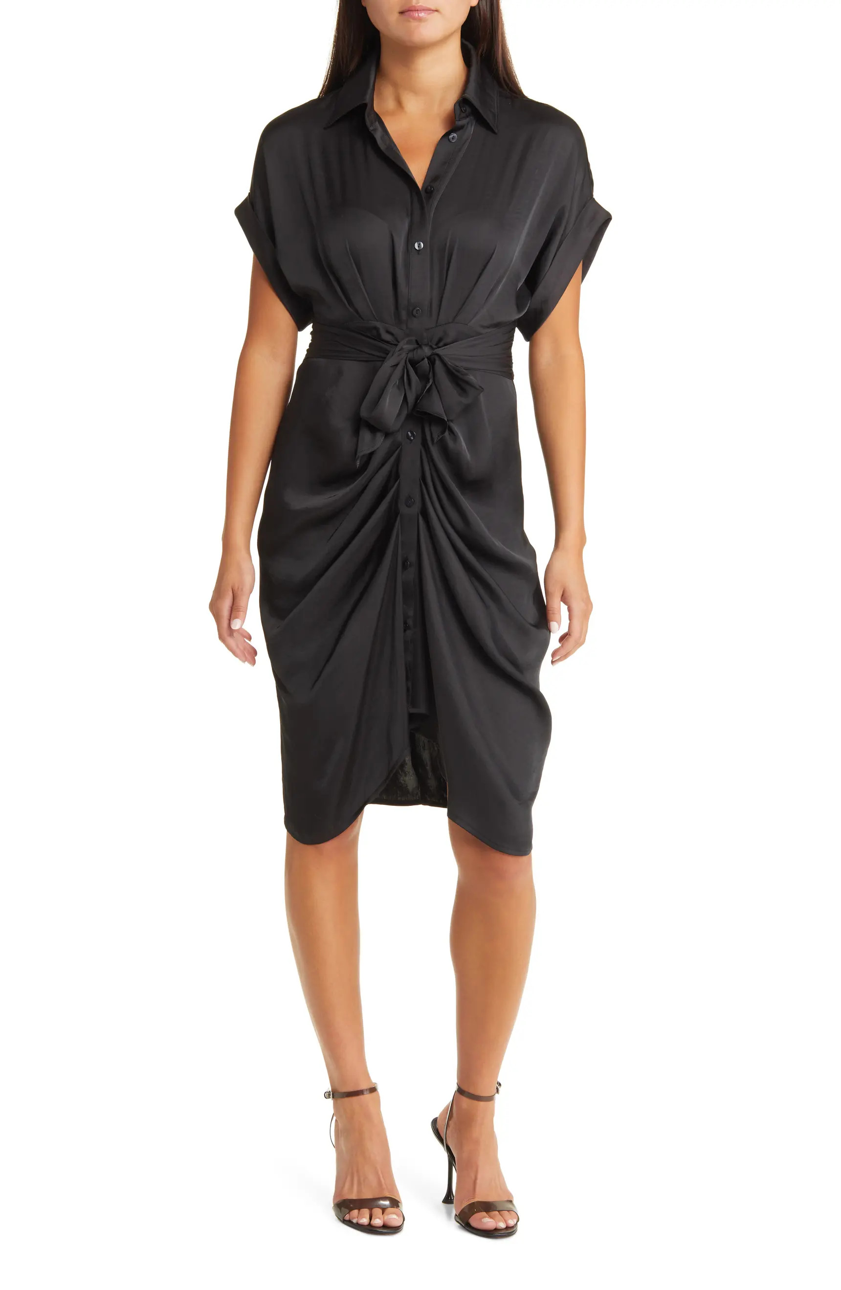 Belted Ruched Tie Front Handkerchief Hem Shirtdress | Nordstrom