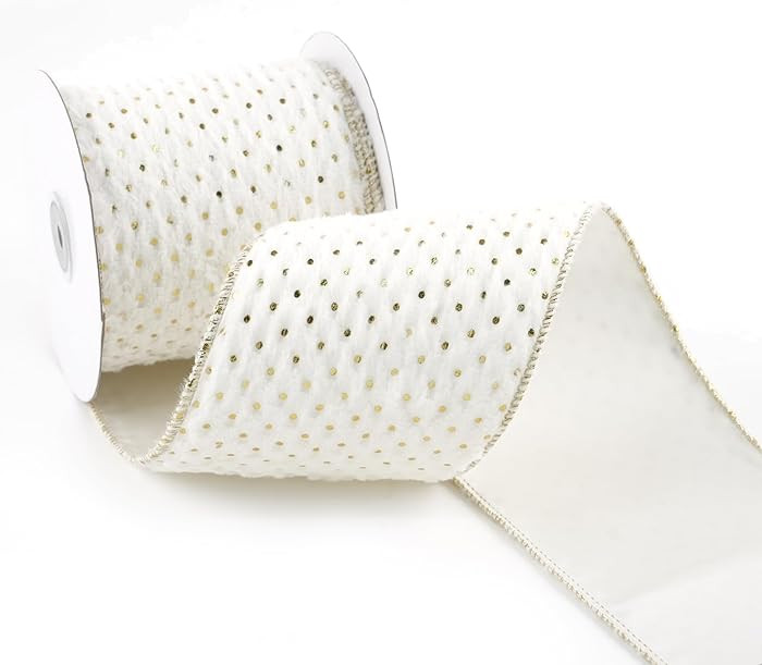 White and Gold Christmas Ribbon 4" X 10 Yards White Faux Fur Wired Ribbon with Gold Polka Dot, Wh... | Amazon (US)