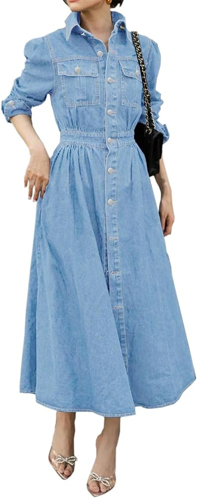 Women Denim Shirt Dress V Neck Short Sleeve Long Bottom Down A-Line Jeans Dresses with Pockets | Amazon (US)