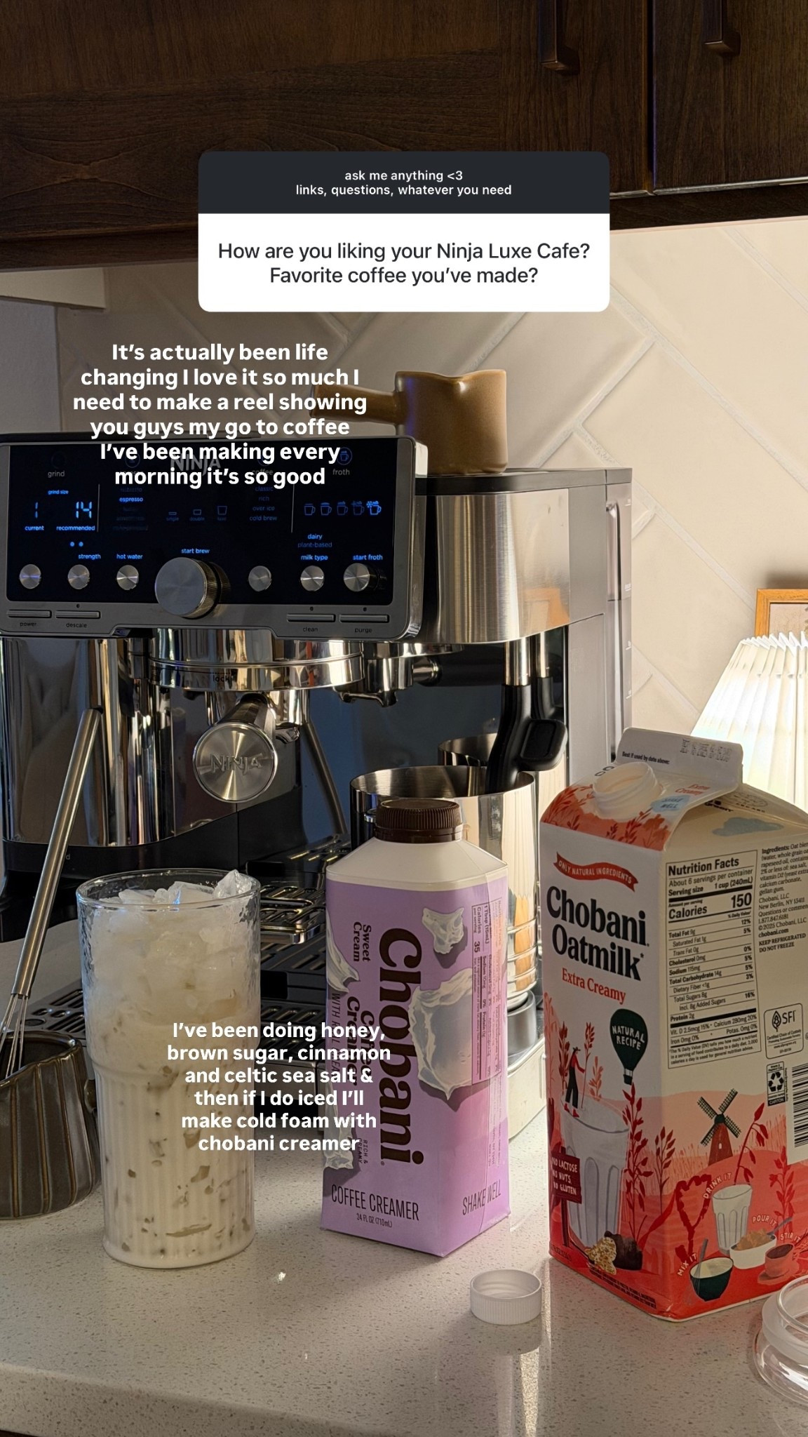 It’s actually been life changing I love it so much I need to make a reel showing you guys my go to coffee I’ve been making every morning it’s so good I’ve been doing honey, brown sugar, cinnamon and celtic sea salt & then if I do iced I’ll make cold foam with chobani creamer