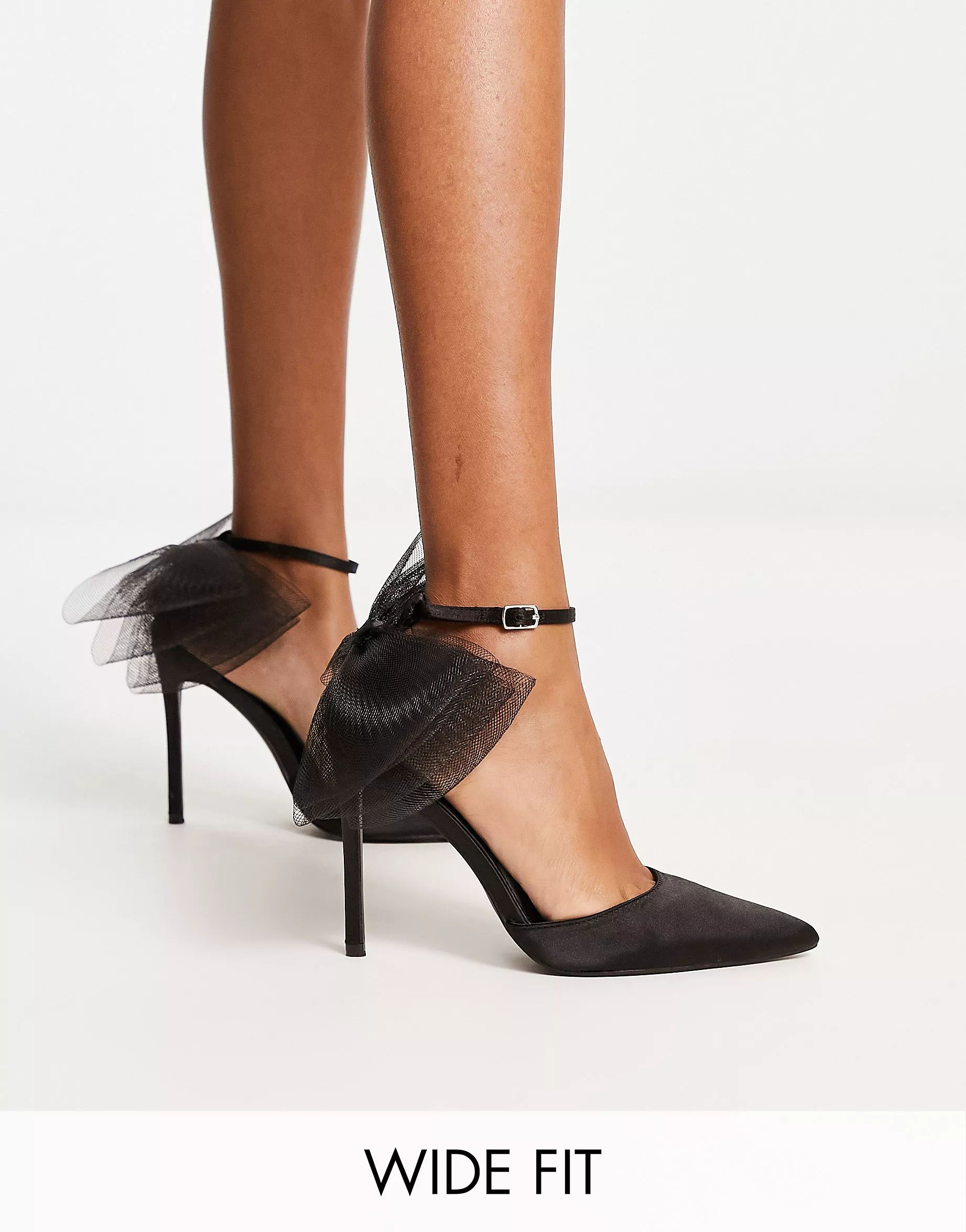 Public Desire Wide Fit Belle pointed shoes with tulle bow in black | ASOS (Global)