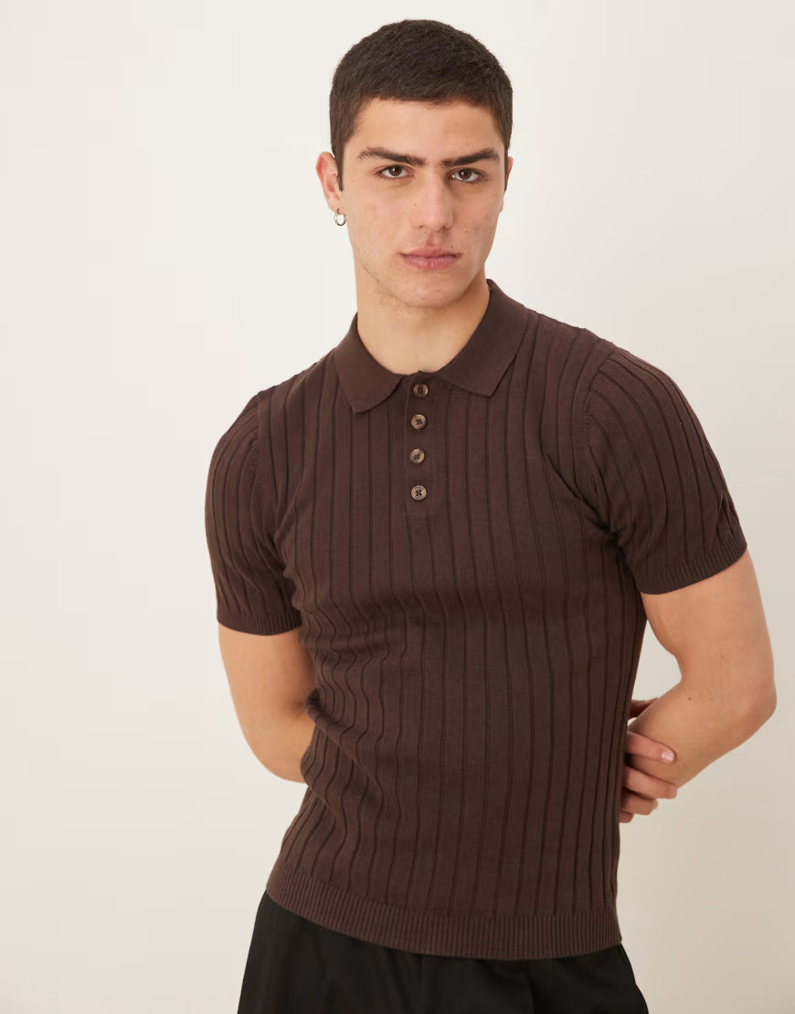 ASOS DESIGN muscle fit knitted rib polo t-shirt in brown | ASOS (Global)