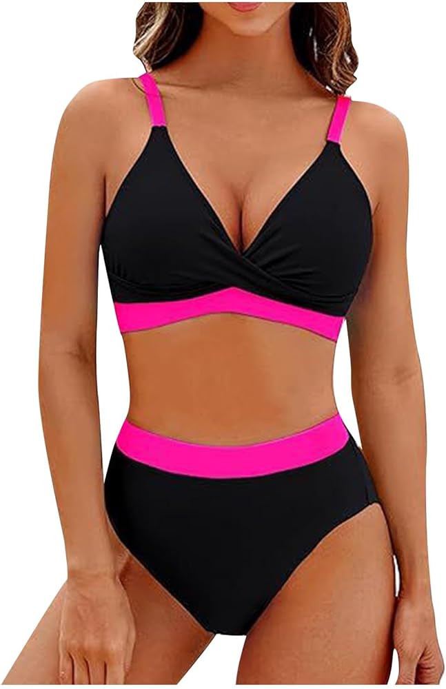 Women's Bikini Sets High Waisted Bikini Sets Tummy Control Swimsuits V Neck Color Block Two Piece... | Amazon (US)