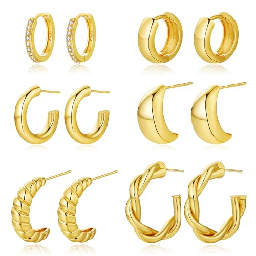 Ufist Chunky Gold Hoop Earrings Set for Women 6 Pairs 14K Gold Plated Lightweight Hypoallergenic Thick Open Twisted Earrings Multipack Jewelry | Amazon (US)