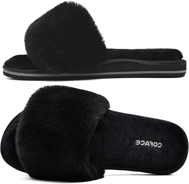 COFACE Womens Sliders Plush House Slippers Flat Sandals for Women Memory Foam Fuzzy Open Toe Slip... | Amazon (US)