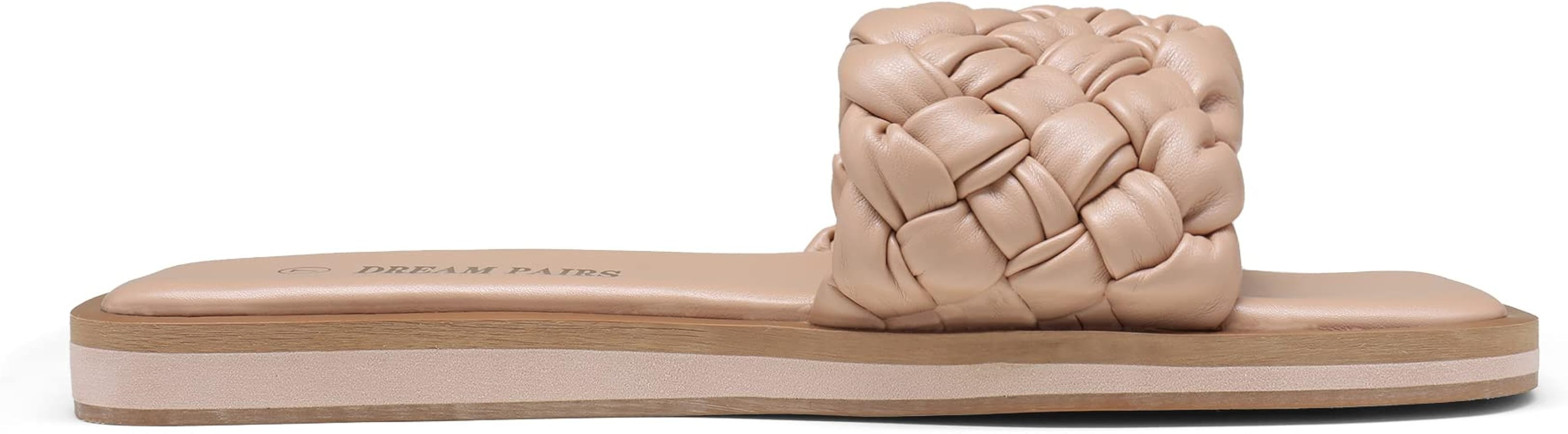 DREAM PAIRS Women's Square Open Toe Slide Sandals Cute Slip on Braided Strap Rhinestone Flat Sand... | Amazon (US)