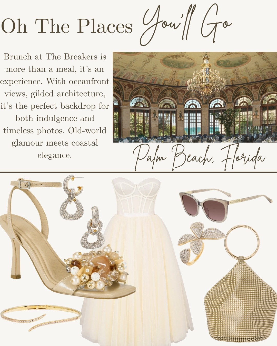 Brunch at The Breakers Palm Beach is the definition of timeless elegance — oceanfront views, gilded architecture, and the perfect backdrop for photos. This look is all about old-world glamour with a modern twist: a corset tulle midi dress, pearl-embellished heels, crystal jewelry, chic sunnies, and a gold statement bag. Perfect for brunch, weddings, or any luxe event where coastal elegance meets Parisian-inspired style.

#PalmBeachStyle #ResortWear #PetiteFashion #VacationOutfits #BrunchStyle #LTKSeasonal

#LTKParties #LTKPetite #LTKTravel