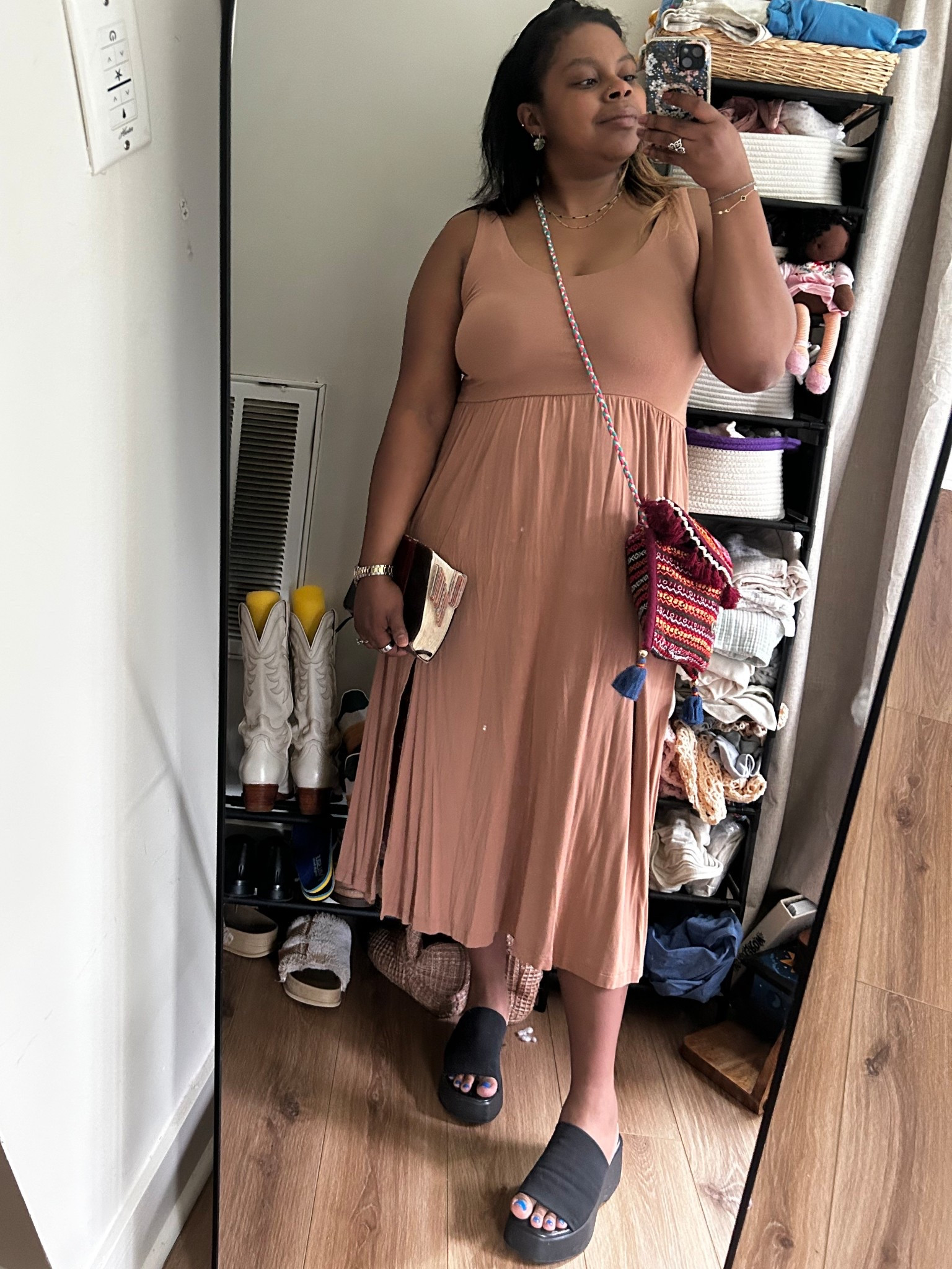 Let’s go to church! 

This dress was a hand-me-down from my mom, she thought it’d be a great maternity to nursing dress, and she was right!

I have it paired with my also handed down Steve Madden Y2K sandals, and another mama find- a perfectly boho purse from Spain she gifted me a few years ago! 

Technically, this whole outfit was *free* because it was all handed down or gifted!!

What do you think? Would you wear this fit to church? 

#LTKShoeCrush #LTKStyleTip #LTKItBag