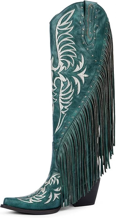 Cowboy Boots for Women Fringe Cowgirl Boots Embroidered Studded Pointed Toe Chunky Heel Western K... | Amazon (US)