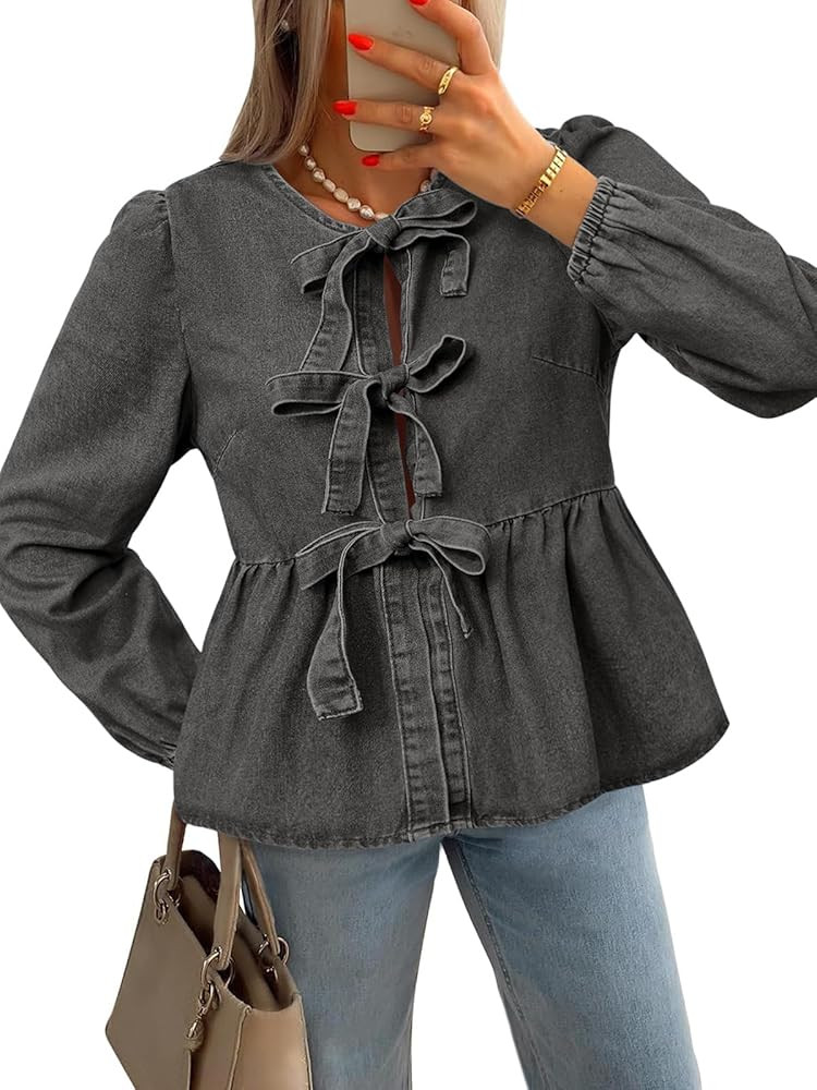 Tankaneo Womens Denim Tie Front Tops Babydoll Peplum Cute Blouse Puff Long Sleeve Going Out Jean ... | Amazon (US)