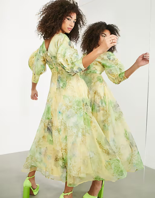 ASOS EDITION organza blouson sleeve midi dress in yellow floral print | ASOS | ASOS (Global)