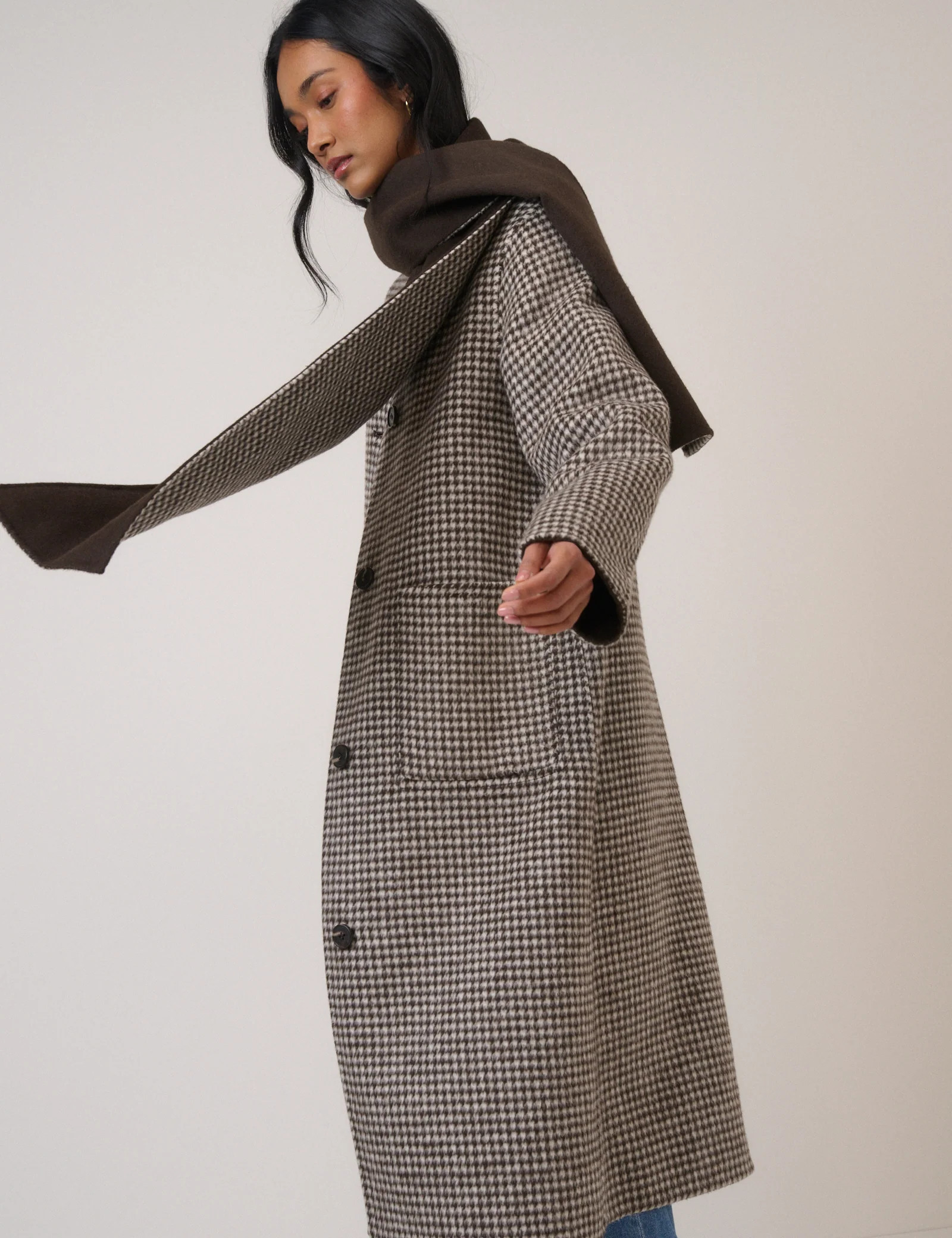 Brown Houndstooth Reversible Scarf Coat | Nobody's Child