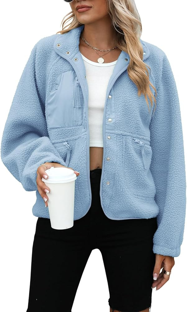 Yanekop Womens Fleece Jacket Fuzzy Long Sleeve Short Coats Button Down Sherpa Outerwear with Pock... | Amazon (US)