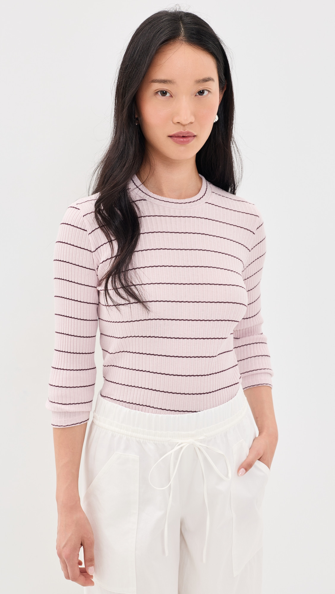 Vince Rib Stripe Long Sleeve Crew Tee Slipper Rose Combo S | Shopbop