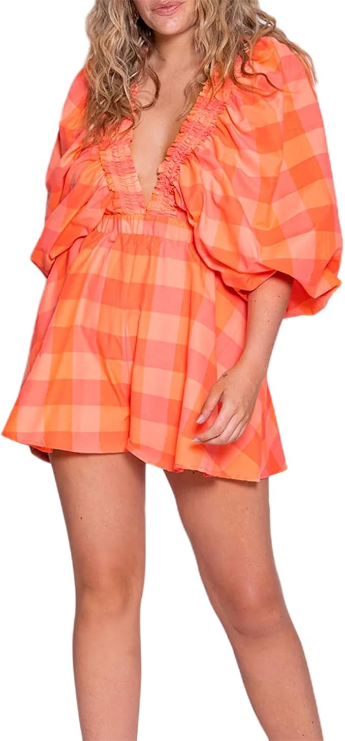 Women's Long Puff Sleeve Short Romper Summer Cute Deep V Neck Flowy Tropical Beach Vacation Plays... | Amazon (US)