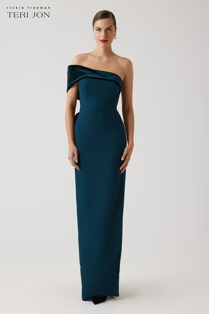 Crepe Off The Shoulder Bow Gown | TERI JON