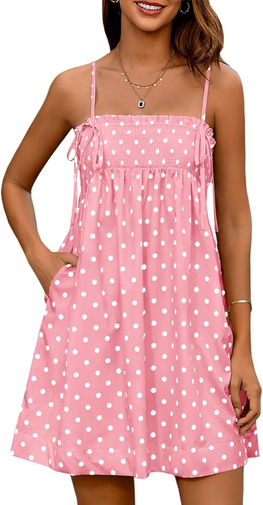 Yousify Women's Spaghetti Strap Babydoll Mini Dress Summer Casual Ruffled Smocked Polka Dot Short... | Amazon (US)