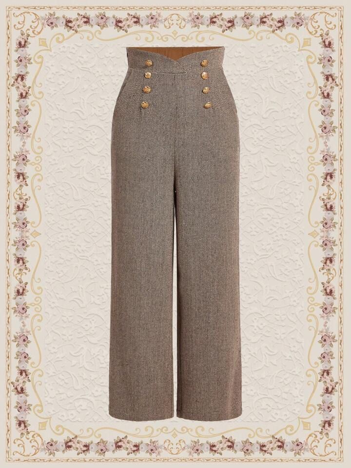 SHEIN DECDS Vintage Trousers With Herringbone Pattern And Decorative Belt Vintage Clothes Khaki | SHEIN
