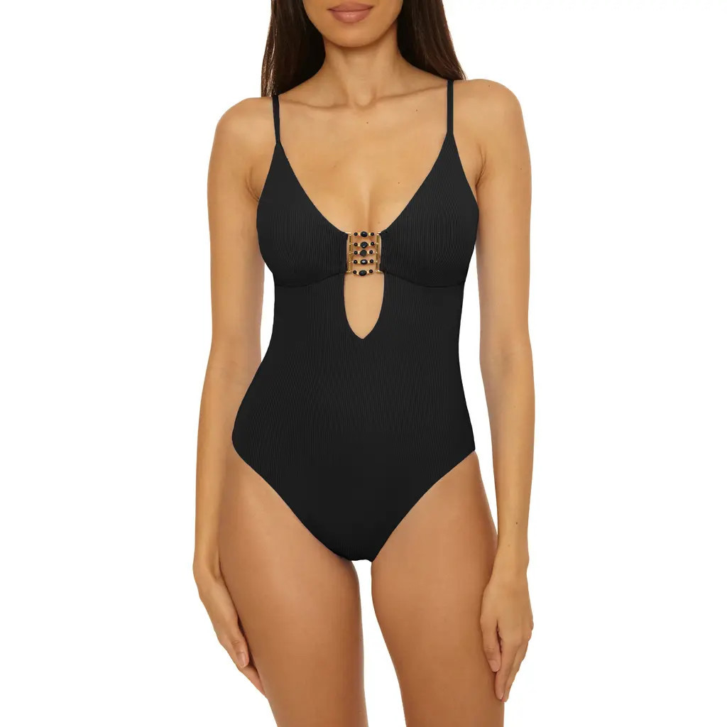 Becca Modern Edge Beaded Cutout Rib One-Piece Swimsuit in Black at Nordstrom, Size Medium | Nordstrom