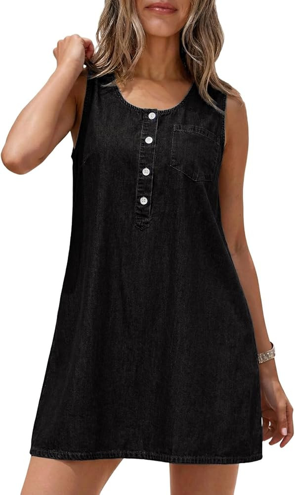 Dokotoo Womens Summer Sleeveless Crewneck Casual Denim Dress Loose Fit Button Vintage Dress | Amazon (US)