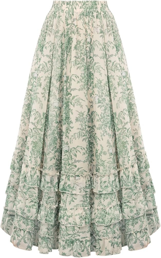 Scarlet Darkness Maxi Skirts for Women Floral Chiffon Elastic High Waist Flowy Ruffle Long Skirt ... | Amazon (US)