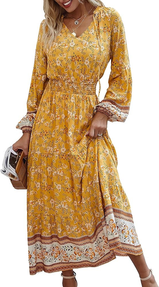 Angashion Women's Dresses Floral Adjustable Spaghetti Strap V Neck Boho Long Maxi Dress Summer Beach | Amazon (US)