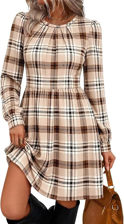 WIHOLL Womens Fall Dresses Long Sleeve Pleated Bust A-Line Pocket Dress | Amazon (US)