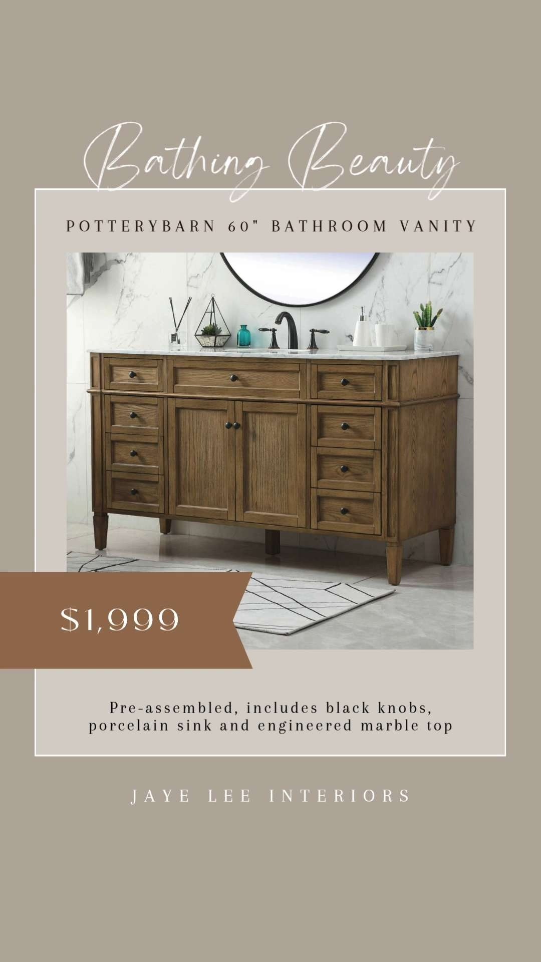 
I'm currently sourcing a 60" Bathroom Vanity for a design project, and this is one of my favorites from PotteryBarn... #bathroomVanity #PrimaryBath #60inchvanity #BathroomStorage #bathroomSink #bathroomfurniture #bathroomfixtures #bathroomvanitybasecabinet #jleeinteriors #LTKdayinmylife #LTKselfcare #LTKHome

#LTKBeauty 

 