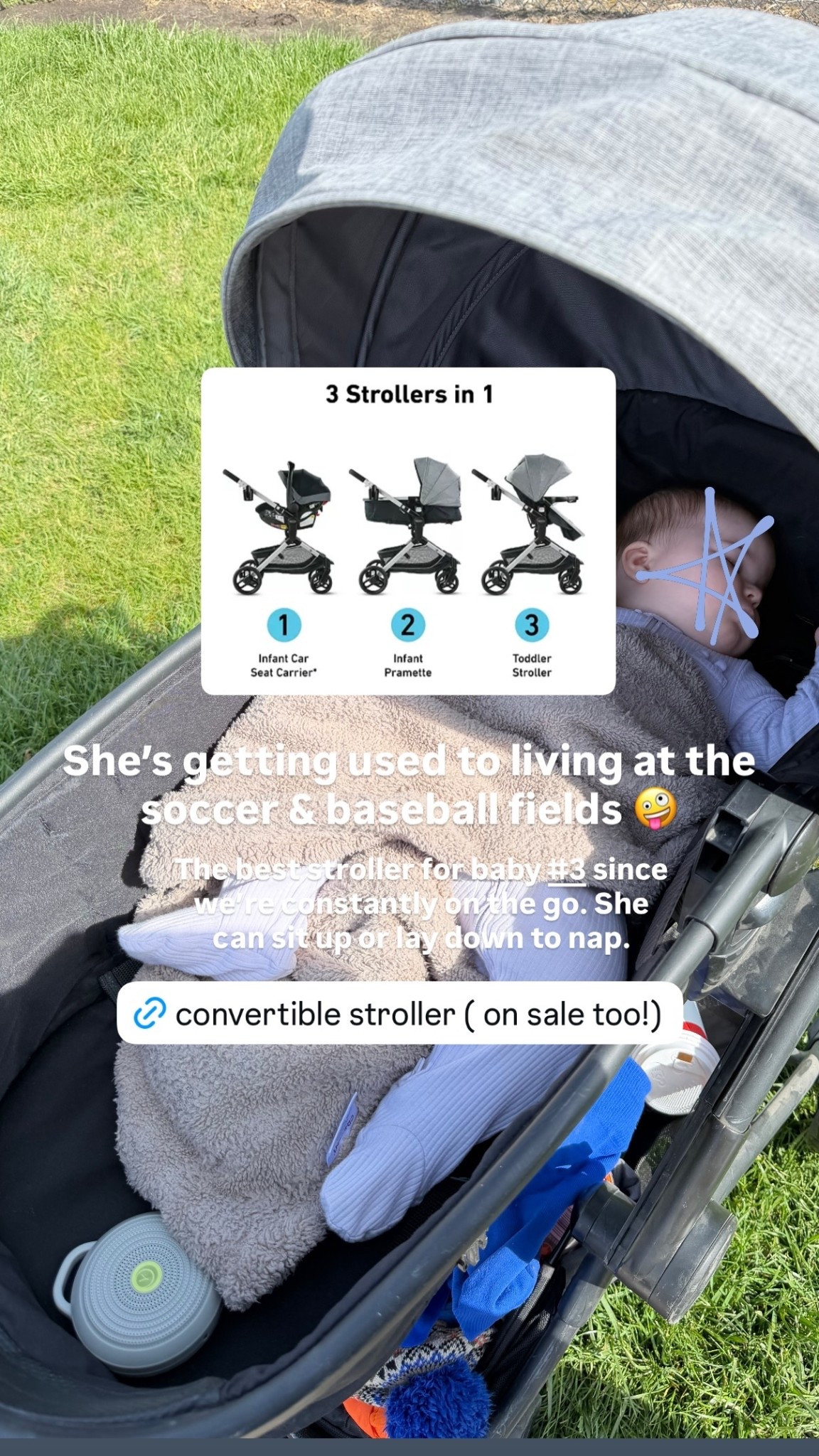 She’s getting used to living at the soccer & baseball fields 🤪 The best stroller for baby #3 since we’re constantly on the go. She can sit up or lay down to nap.  @graco