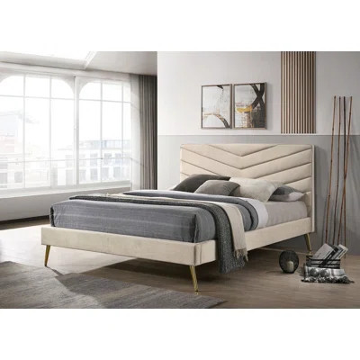 Mid - Century Modern Flannelette Chevron Tufted Design Eastern Bed With Padded Headboard - Accented Frame, Ideal For Vintage - Inspired Bedrooms | Wayfair North America