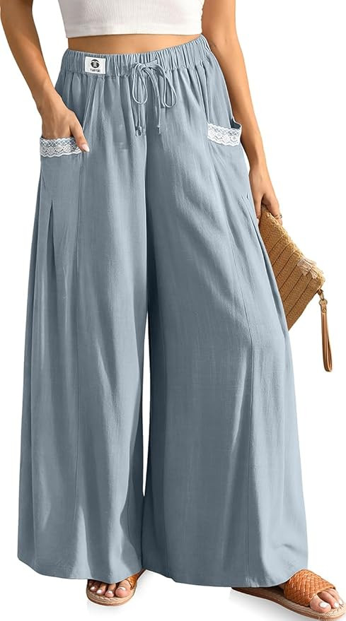 TARSE Women's Linen Wide Leg Pants Flowy Palazzo Trendy Casual Lounge Boho Drawstring Trousers Su... | Amazon (US)