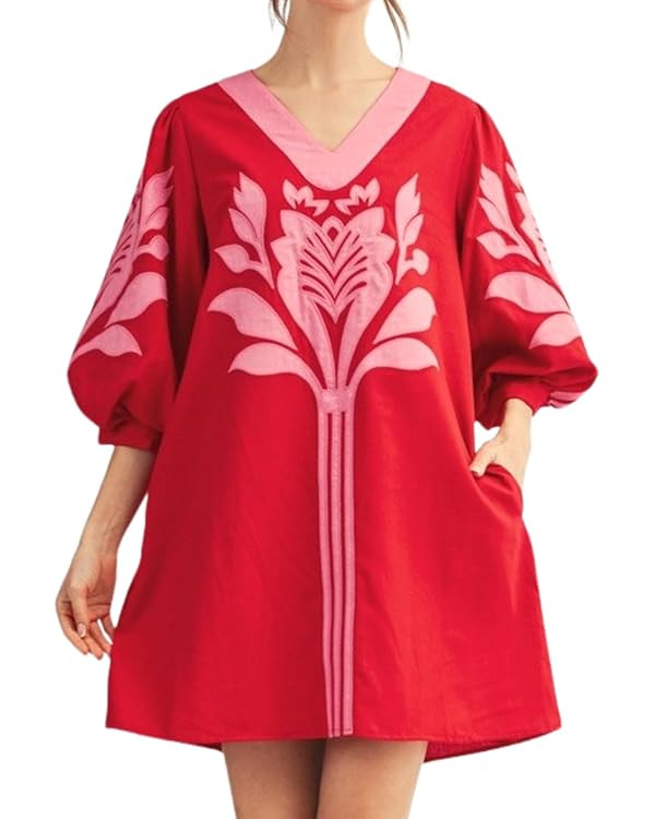 InterNos Women's Summer Applique Floral Mini Dress V Neck 3/4 Puff Sleeve Casual Shift Dress with... | Amazon (US)