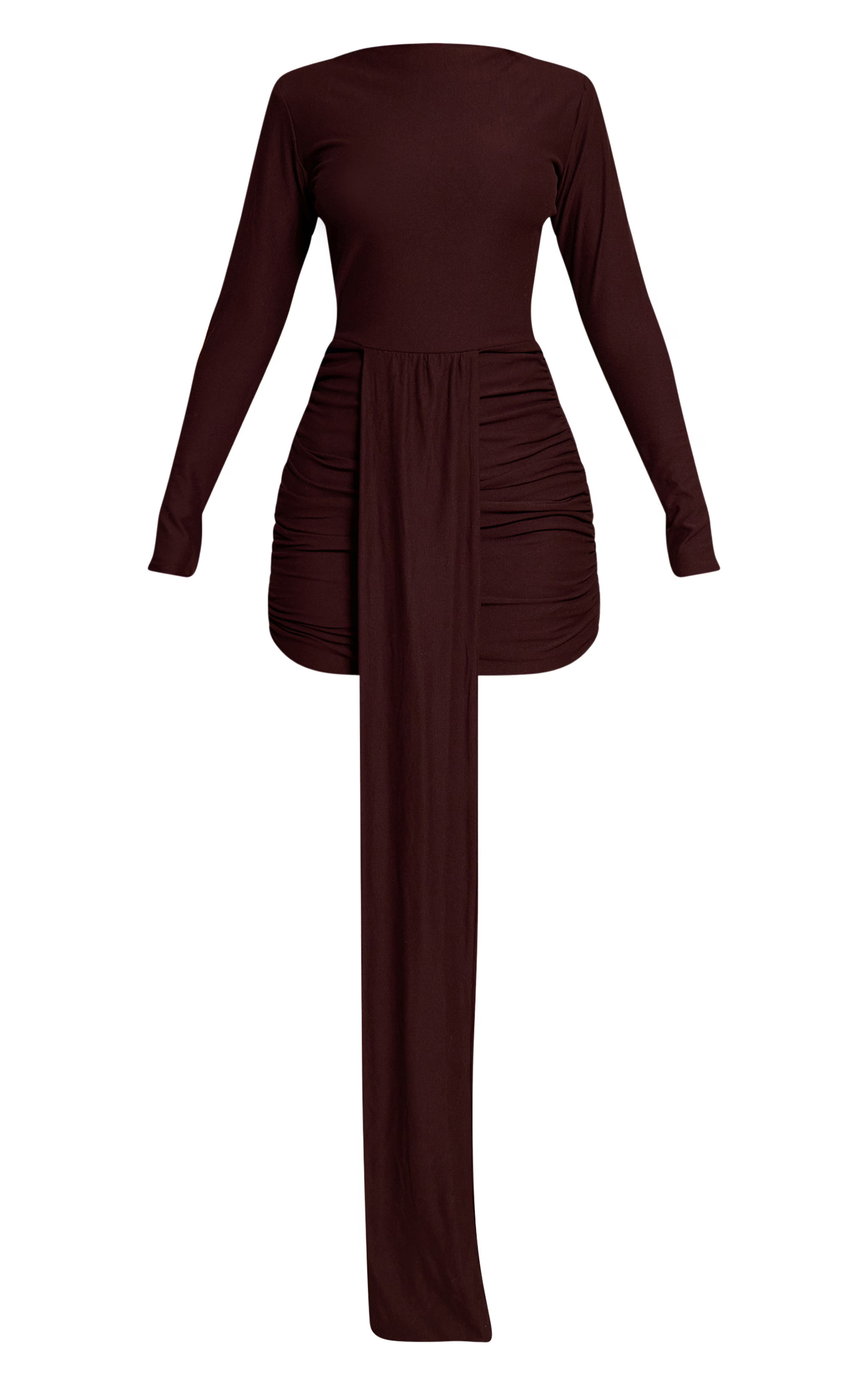 Petite Chocolate Slinky Ruched Drape Detail Long Sleeve Dress | PrettyLittleThing UK