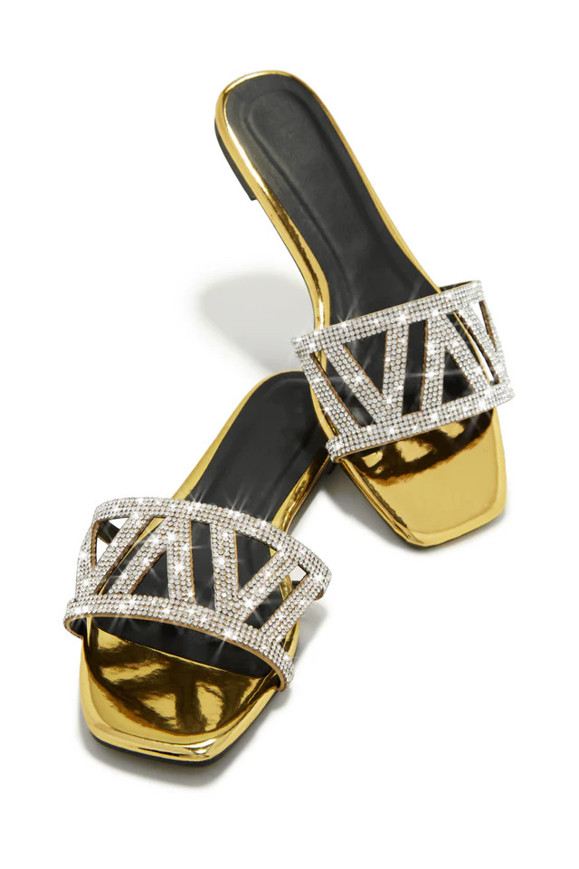 Miss Lola | Bora Bora Dreams Gold Embellished Slip On Sandals | MISS LOLA