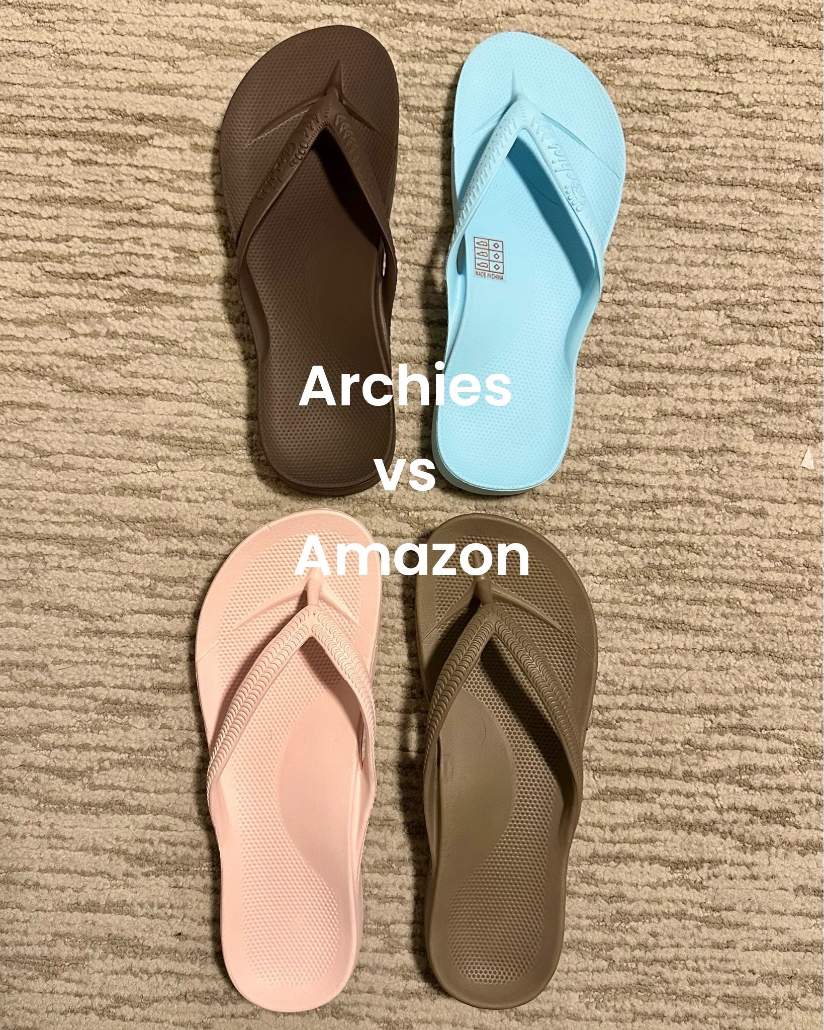 Arch support flip flops!
Archies fit a little snugger and come in more colors. I’m size 7.5 and got size 8 since the website recommended sizing up if between and the fit is perfect. 
The Amazon sandals are very similar but fit a little bigger. I’m wearing size 7.5-8 and they feel like 8.
Both have the same arch support but the Amazon pair come up a little higher around the sides of the foot and curve up at the front. 
Archies come in more colors and are more expensive.
The material feels exactly the same. 
I can’t link the Amazon pair here but they are saved under “shoes” on my Canadian and U.S. Amazon pages (linked in my IG bio) or comment “link” on my Instagram post.

#LTKSwim #LTKSeasonal