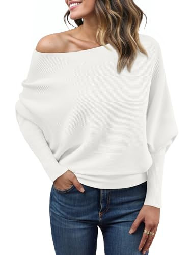 LILLUSORY Women Off The Shoulder Sweater 2025 Fall Fashion Outfit Long Batwing Sleeve Oversized Lightweight Cozy Knit Pullover Cute Teen Going Out Tops Casual Cashmere Trendy Ladies Clothes White M | Amazon (US)